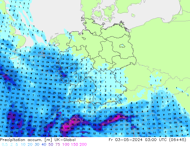 Precipitation accum. UK-Global Fr 03.05.2024 03 UTC