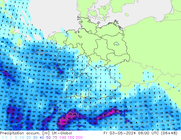 Precipitation accum. UK-Global Fr 03.05.2024 06 UTC