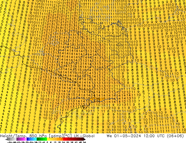 Yükseklik/Sıc. 850 hPa UK-Global Çar 01.05.2024 12 UTC