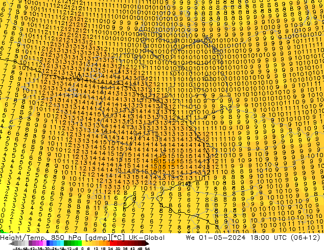 Height/Temp. 850 hPa UK-Global mer 01.05.2024 18 UTC