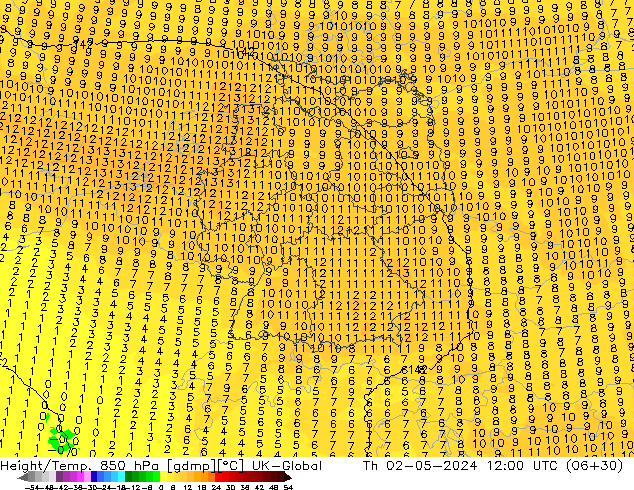 Height/Temp. 850 hPa UK-Global Th 02.05.2024 12 UTC