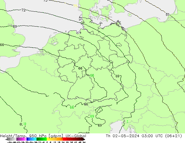 Géop./Temp. 950 hPa UK-Global jeu 02.05.2024 03 UTC