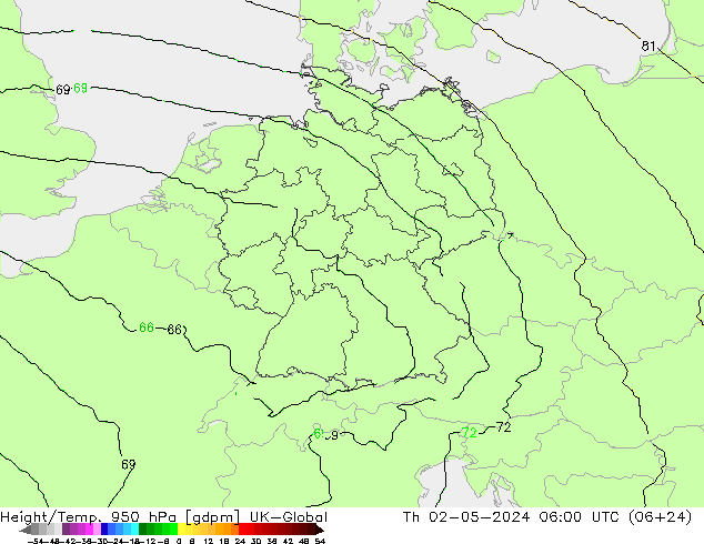 Height/Temp. 950 hPa UK-Global Th 02.05.2024 06 UTC