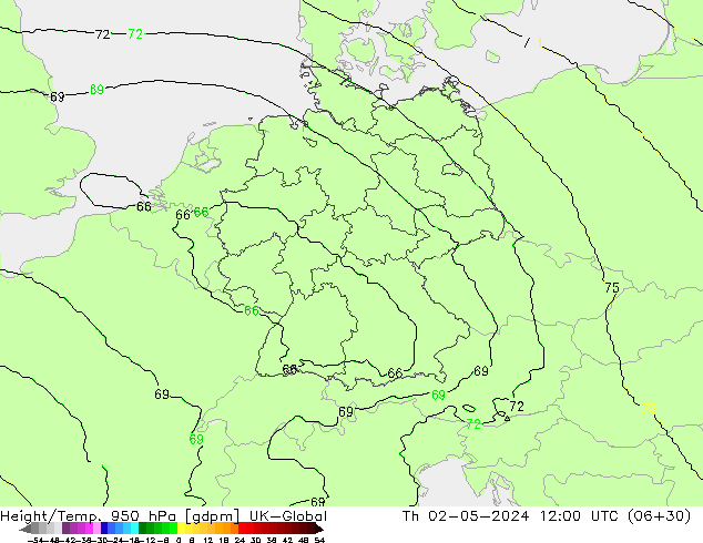 Height/Temp. 950 hPa UK-Global Th 02.05.2024 12 UTC