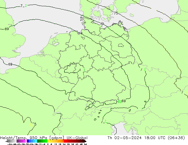 Height/Temp. 950 hPa UK-Global Qui 02.05.2024 18 UTC