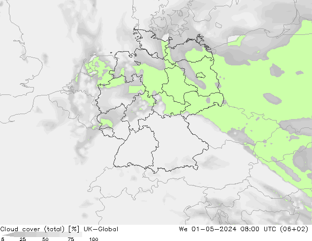 Cloud cover (total) UK-Global St 01.05.2024 08 UTC