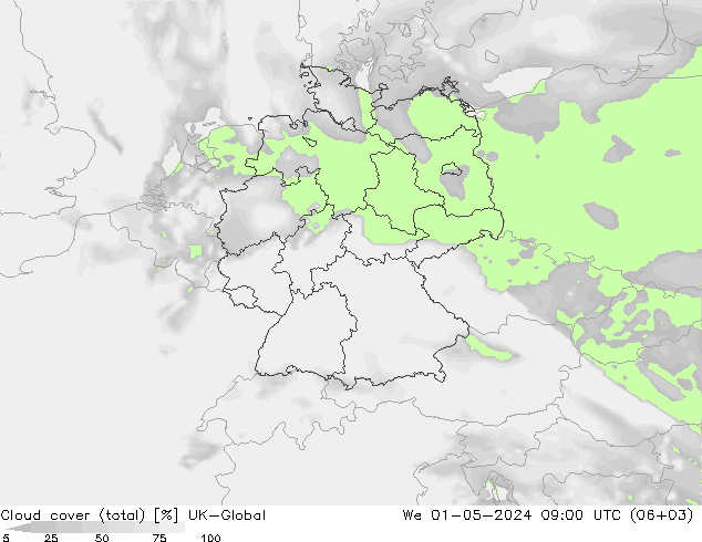 Cloud cover (total) UK-Global We 01.05.2024 09 UTC