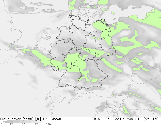 Cloud cover (total) UK-Global Th 02.05.2024 00 UTC