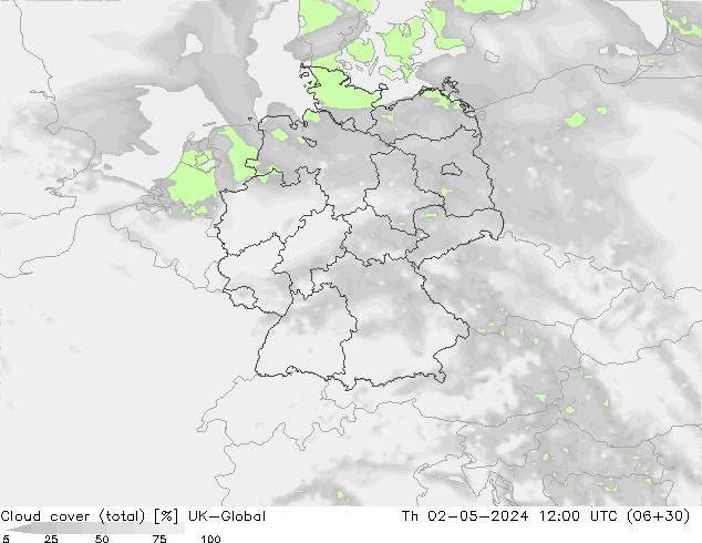 Cloud cover (total) UK-Global Čt 02.05.2024 12 UTC