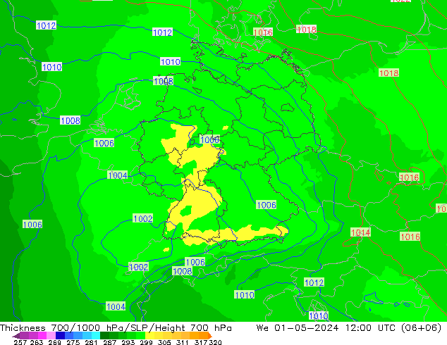 Thck 700-1000 hPa UK-Global We 01.05.2024 12 UTC