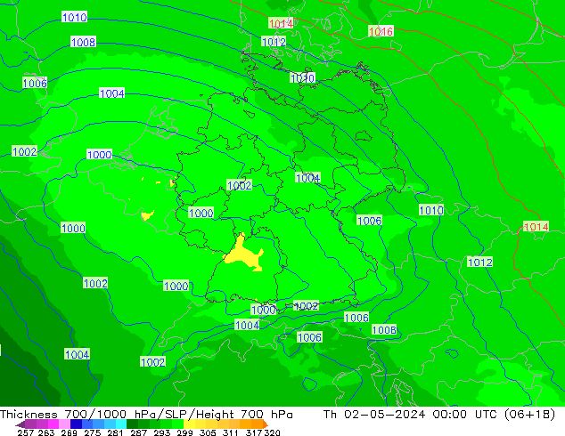 Schichtdicke 700-1000 hPa UK-Global Do 02.05.2024 00 UTC