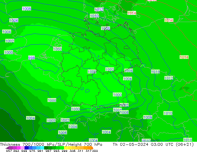 700-1000 hPa Kalınlığı UK-Global Per 02.05.2024 03 UTC