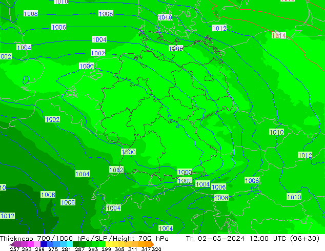 Thck 700-1000 hPa UK-Global Th 02.05.2024 12 UTC