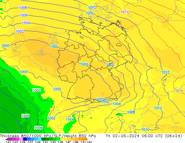 Thck 850-1000 hPa UK-Global czw. 02.05.2024 06 UTC