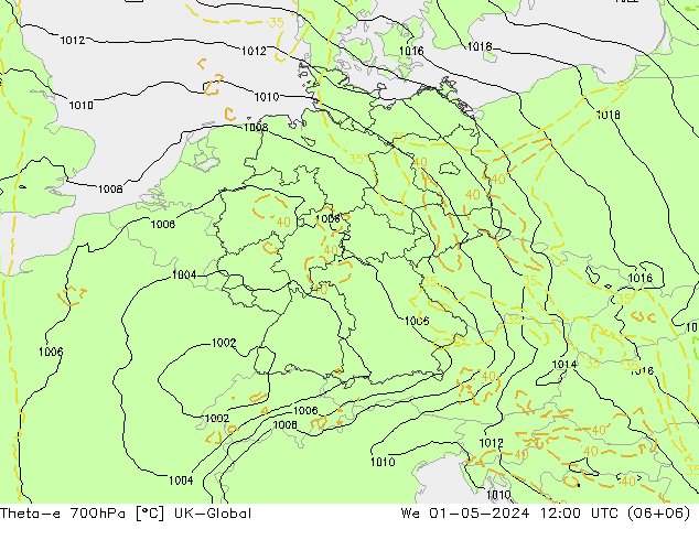 Theta-e 700hPa UK-Global We 01.05.2024 12 UTC