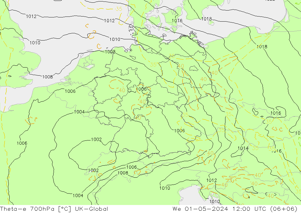 Theta-e 700hPa UK-Global St 01.05.2024 12 UTC