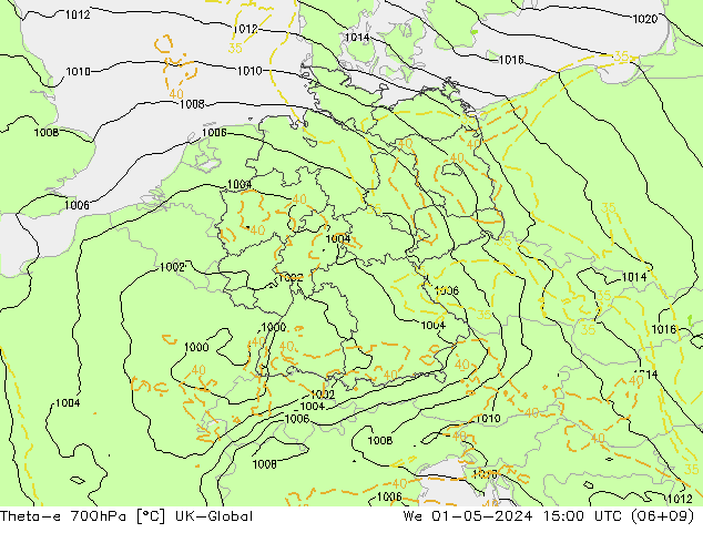 Theta-e 700hPa UK-Global We 01.05.2024 15 UTC