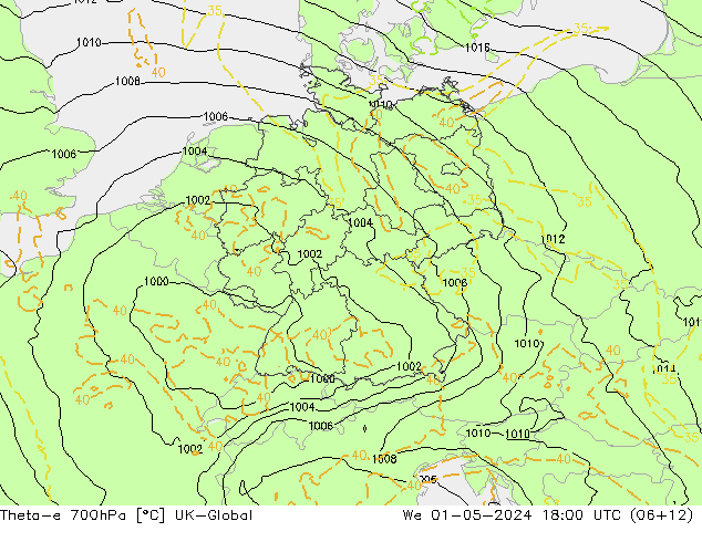 Theta-e 700hPa UK-Global mer 01.05.2024 18 UTC