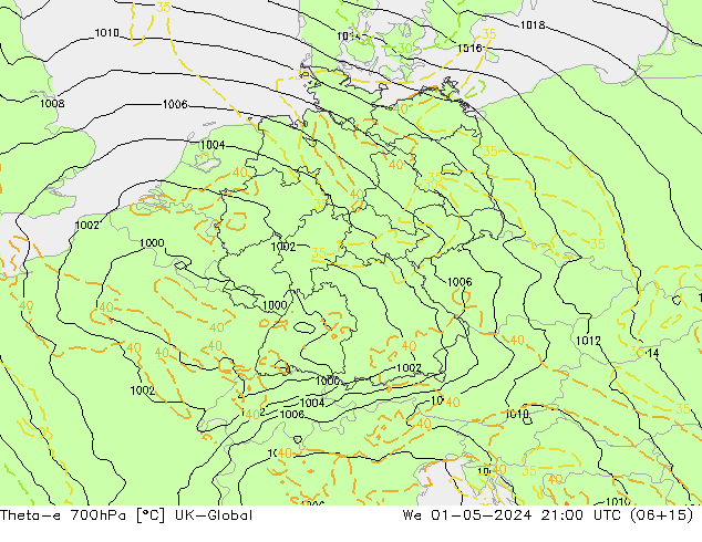 Theta-e 700hPa UK-Global mer 01.05.2024 21 UTC