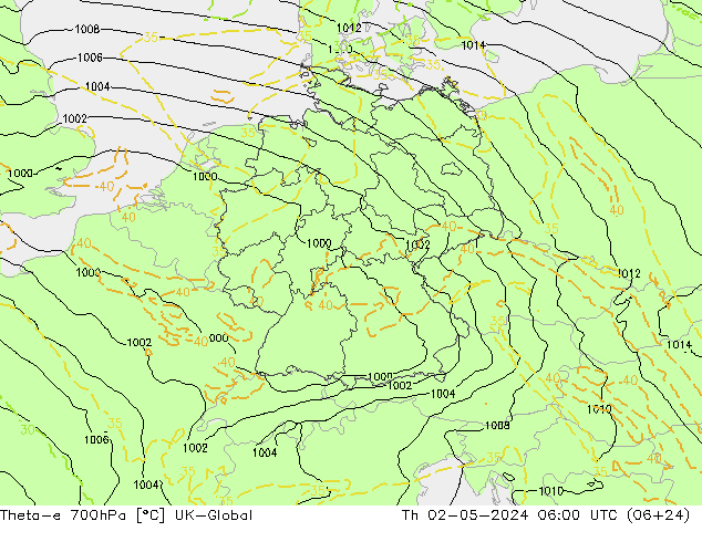 Theta-e 700hPa UK-Global Čt 02.05.2024 06 UTC
