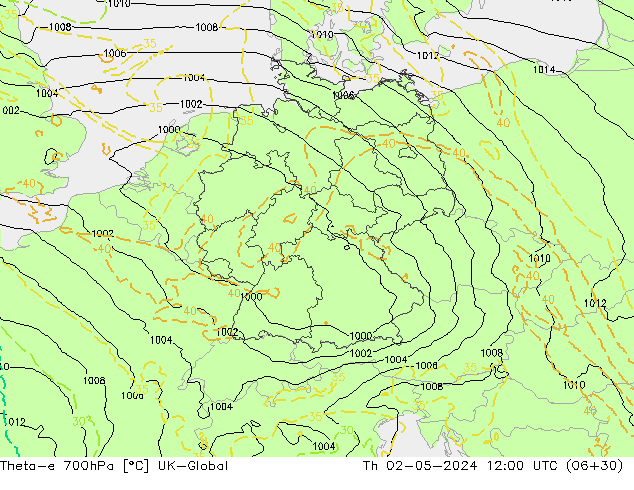 Theta-e 700hPa UK-Global Th 02.05.2024 12 UTC