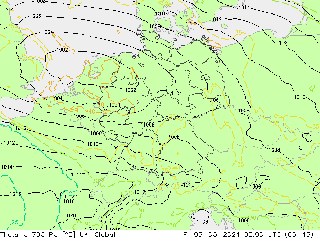 Theta-e 700hPa UK-Global Fr 03.05.2024 03 UTC