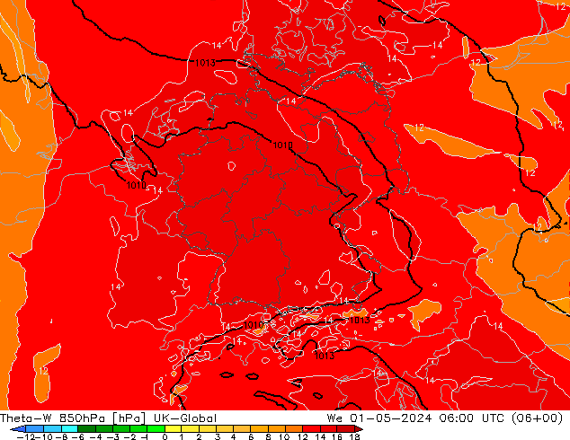 Theta-W 850hPa UK-Global We 01.05.2024 06 UTC