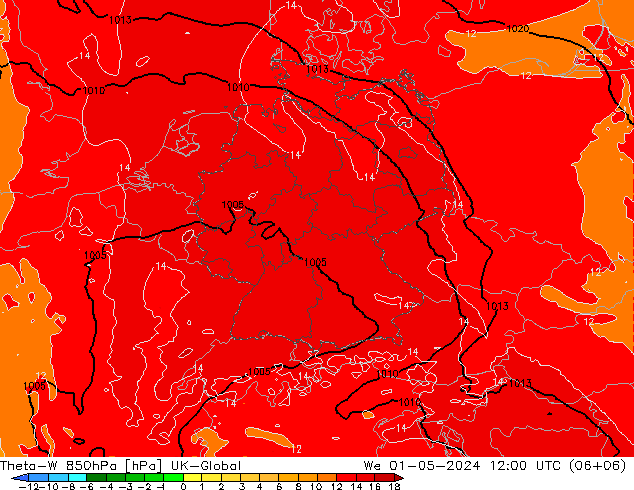 Theta-W 850hPa UK-Global We 01.05.2024 12 UTC
