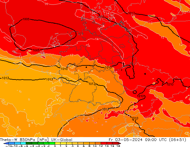 Theta-W 850hPa UK-Global Fr 03.05.2024 09 UTC