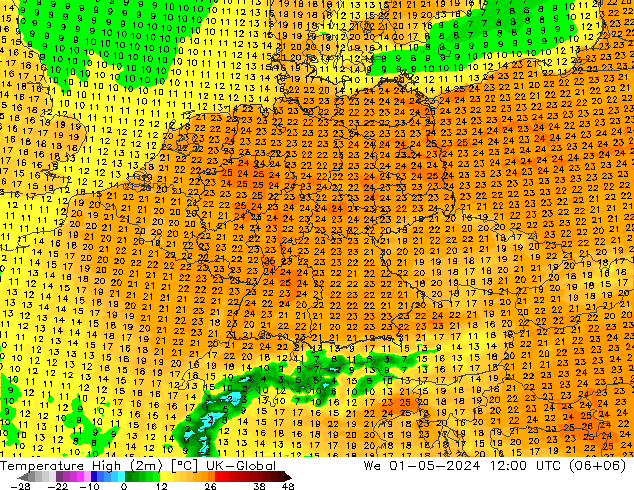 Max. Temperatura (2m) UK-Global śro. 01.05.2024 12 UTC