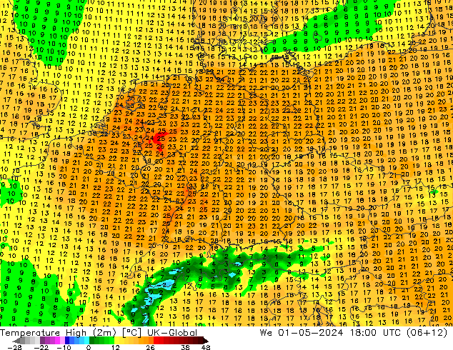 Nejvyšší teplota (2m) UK-Global St 01.05.2024 18 UTC