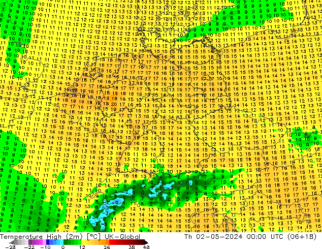 Temperature High (2m) UK-Global Th 02.05.2024 00 UTC