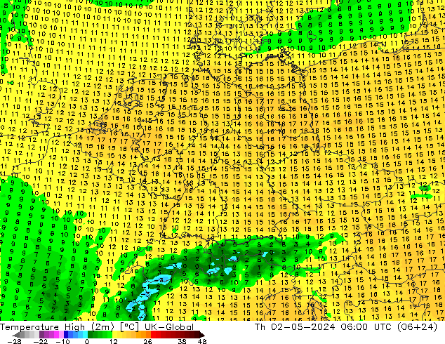 Temperature High (2m) UK-Global Th 02.05.2024 06 UTC