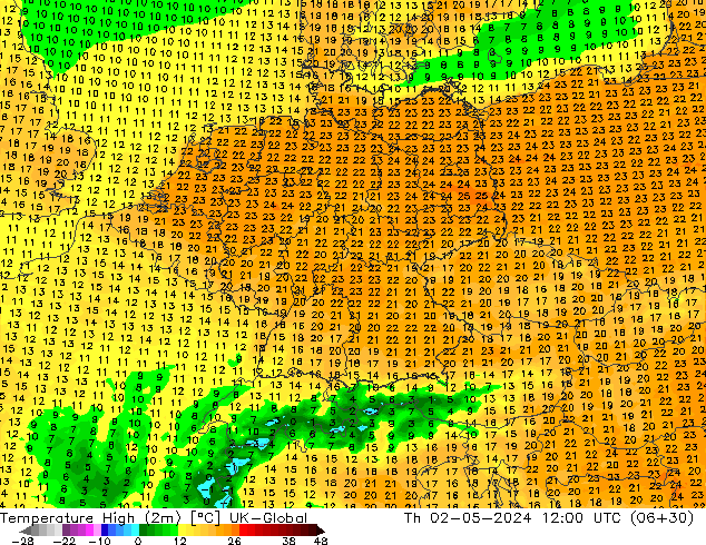 Max.temperatuur (2m) UK-Global do 02.05.2024 12 UTC