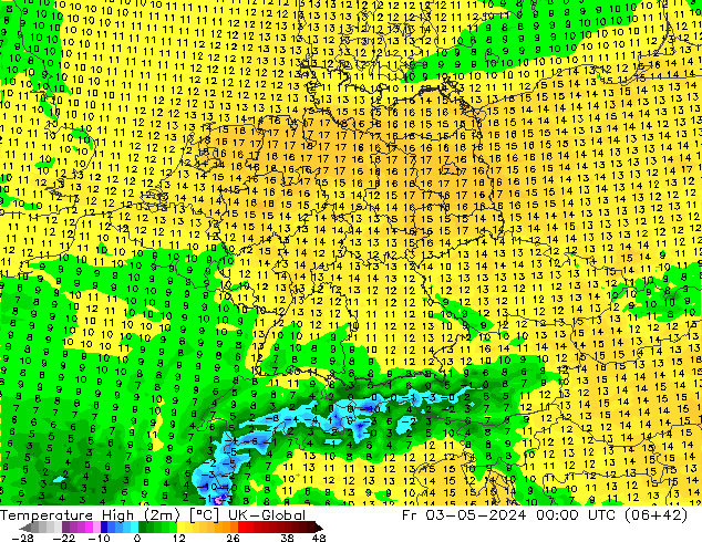 température 2m max UK-Global ven 03.05.2024 00 UTC