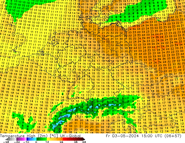 Temperature High (2m) UK-Global Fr 03.05.2024 15 UTC