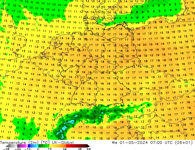 Temperature (2m) UK-Global We 01.05.2024 07 UTC