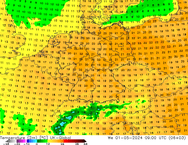 Temperatura (2m) UK-Global mer 01.05.2024 09 UTC