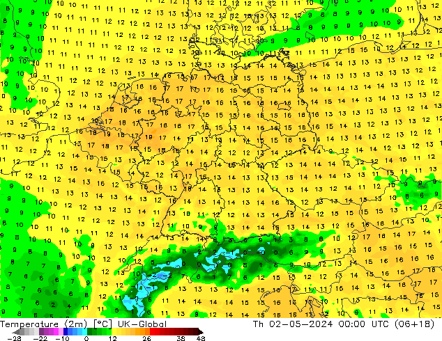 Temperatura (2m) UK-Global Qui 02.05.2024 00 UTC