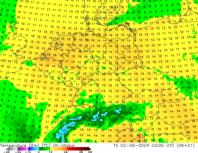 Temperature (2m) UK-Global Th 02.05.2024 03 UTC