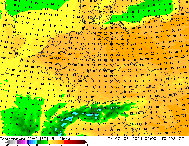 Temperature (2m) UK-Global Th 02.05.2024 09 UTC