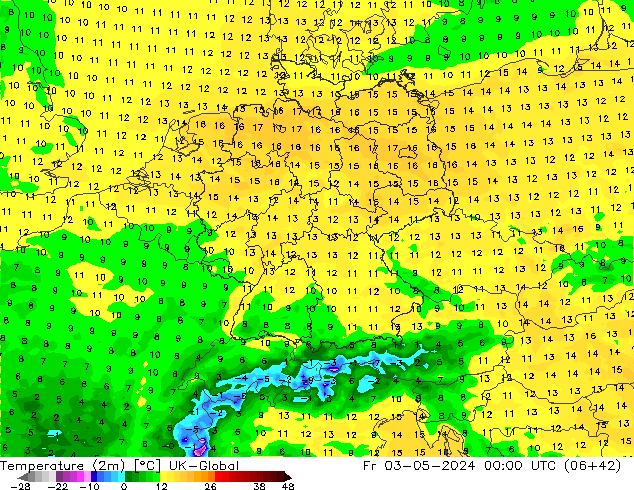 Temperature (2m) UK-Global Fr 03.05.2024 00 UTC