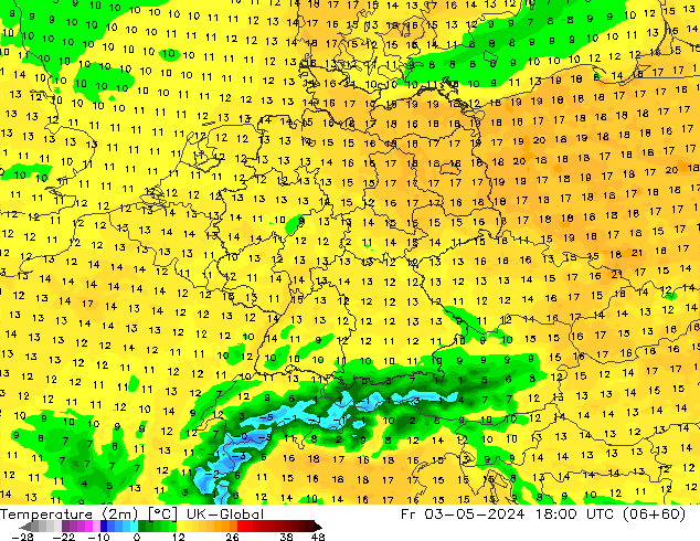 Temperature (2m) UK-Global Pá 03.05.2024 18 UTC