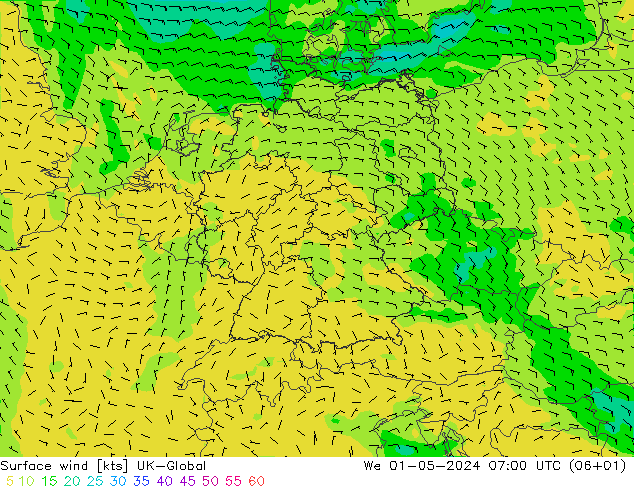 Viento 10 m UK-Global mié 01.05.2024 07 UTC