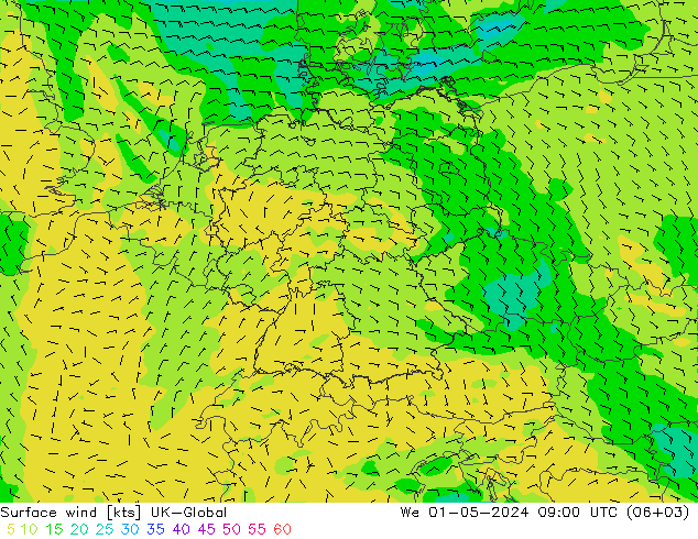 Vent 10 m UK-Global mer 01.05.2024 09 UTC