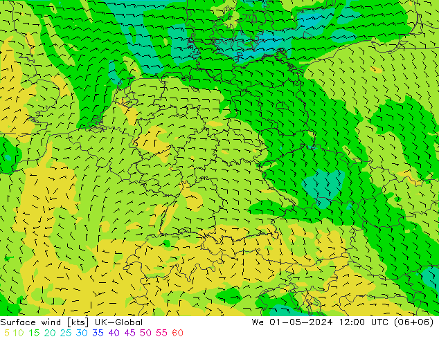 Vento 10 m UK-Global mer 01.05.2024 12 UTC