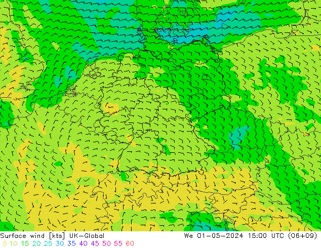 Surface wind UK-Global We 01.05.2024 15 UTC