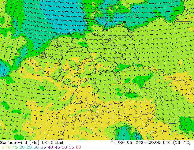 Vento 10 m UK-Global Qui 02.05.2024 00 UTC