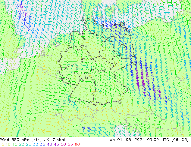 Wind 850 hPa UK-Global We 01.05.2024 09 UTC