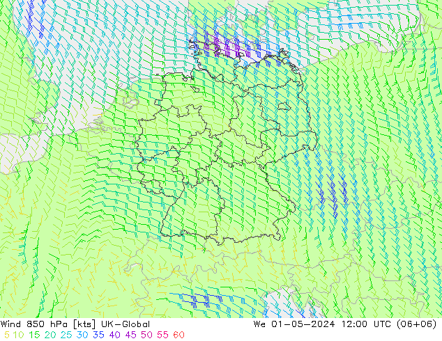 Wind 850 hPa UK-Global Mi 01.05.2024 12 UTC